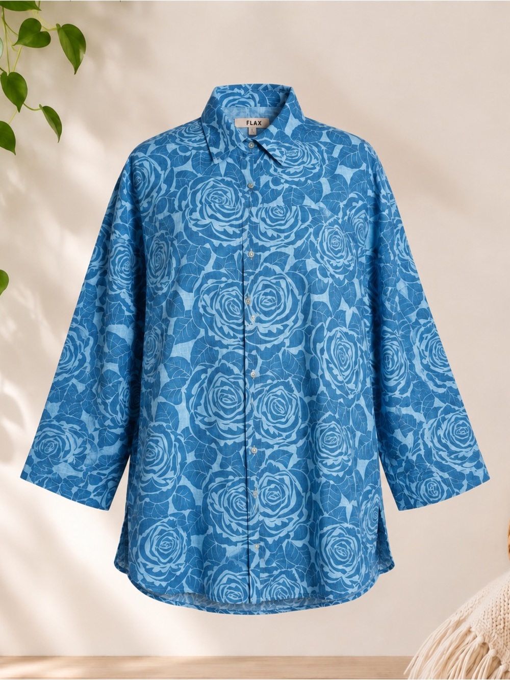 Flax 100% Linen Blue Floral Button-Down Shirt